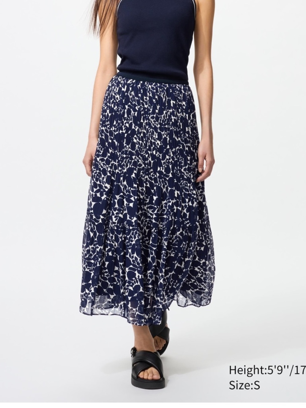 Uniqlo Chiffon Tiered Midi Skirt Printed Navy Floral Size XS NWOT